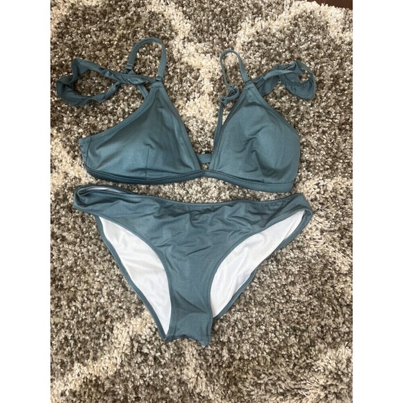 PINK Victoria's Secret Other - PINK VS Light Green Shimmer Off Shoulder Ruffled Bikini Top and Bottom Size L